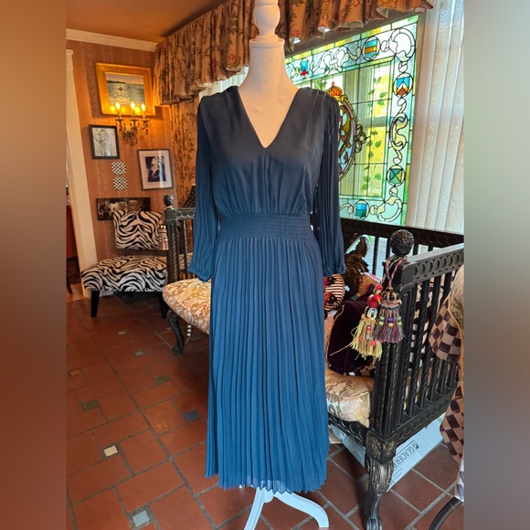 Taylor Smocked Waist Pleated Blue-Green Midi Dress - Picture 1 of 8